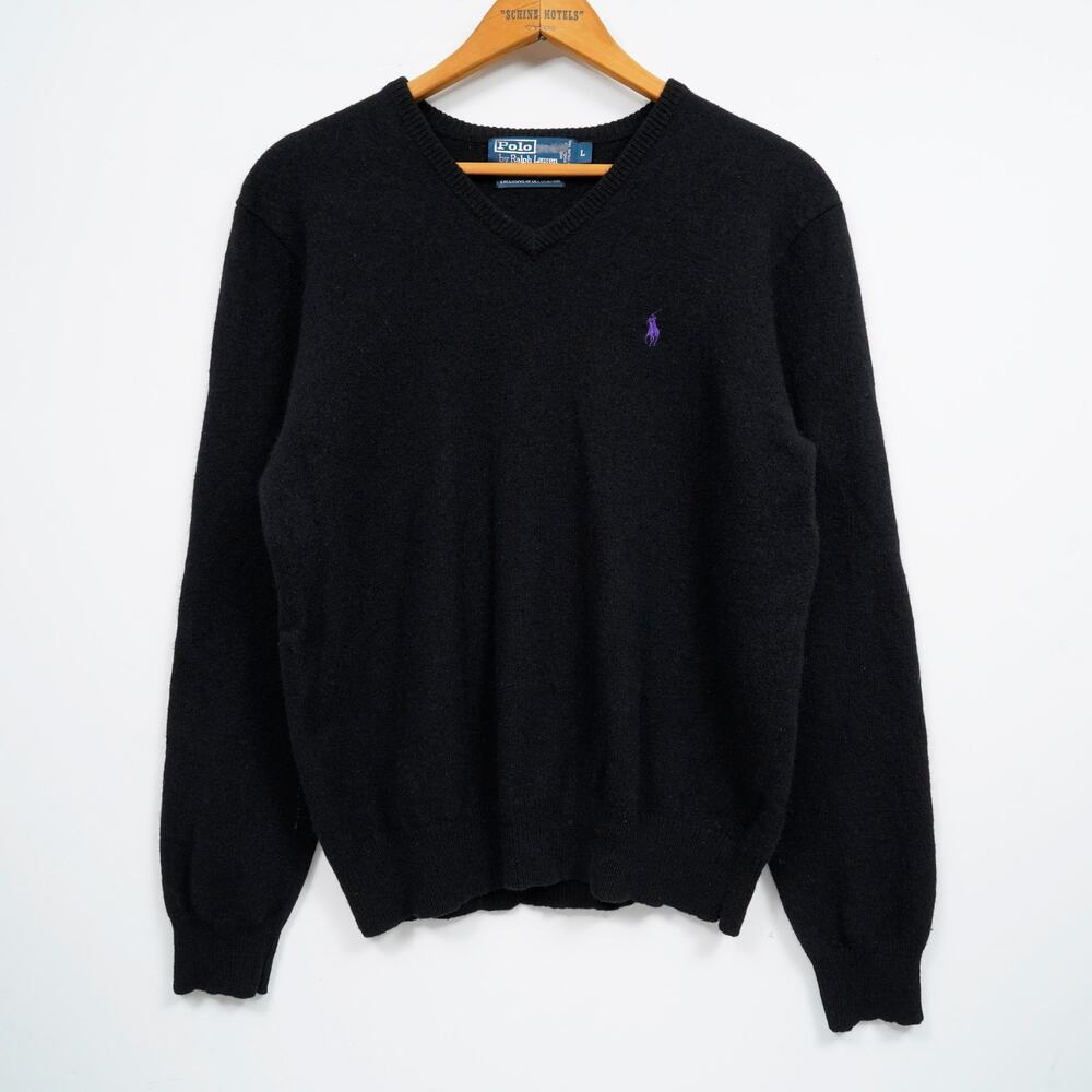 Polo Ralph Lauren Lambswool V-Neck Sweater Black Purple Pony Men's Large L